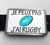 Boucle de ceinture Message/ Humour "Je peux pas j'ai Rugby"